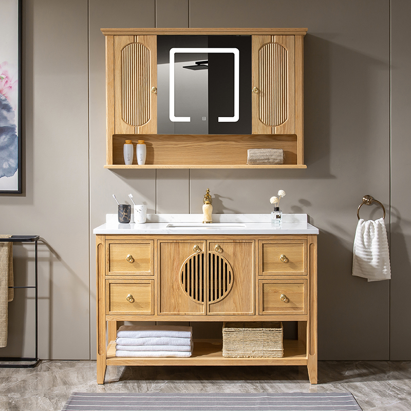 拜伦皇廷原木色新中式浴室柜橡木实木卫生间智能镜卫浴洗漱台洗手盆柜