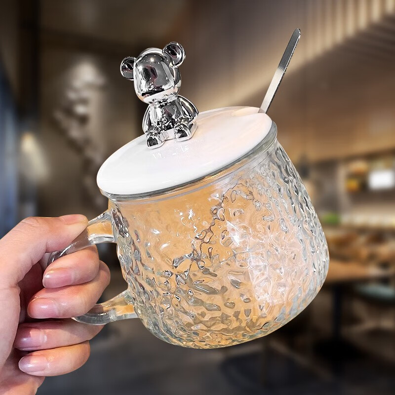 惠寻 京东自有品牌 玻璃杯高颜值家用喝水杯办公室咖啡杯果汁杯 小熊杯锤纹杯270ml