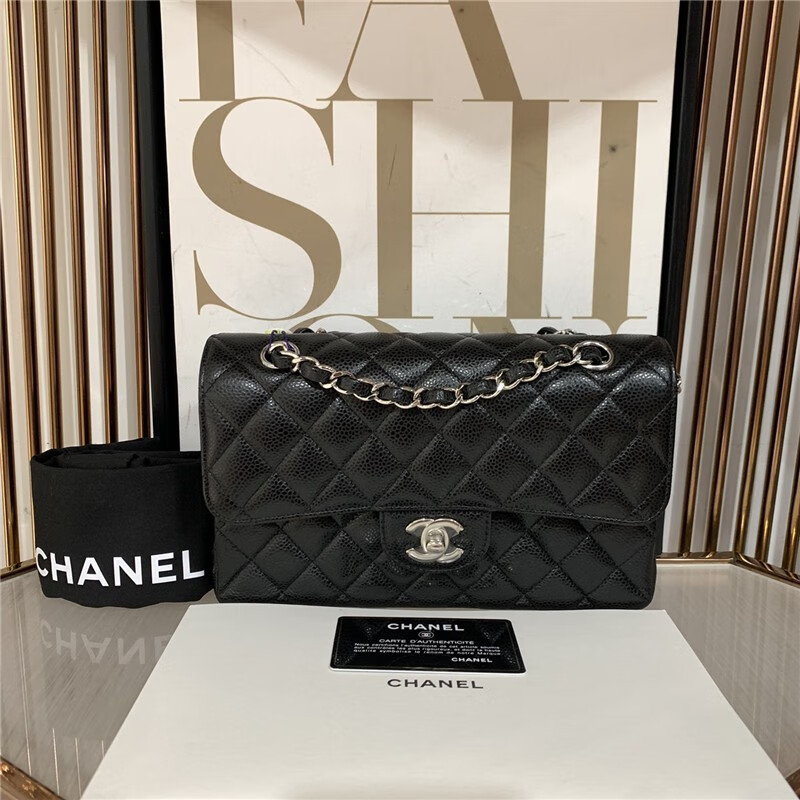 【二手99新】全新未使用 chanel/香奈儿 小号/中号 黑银cf 黑色荔枝皮