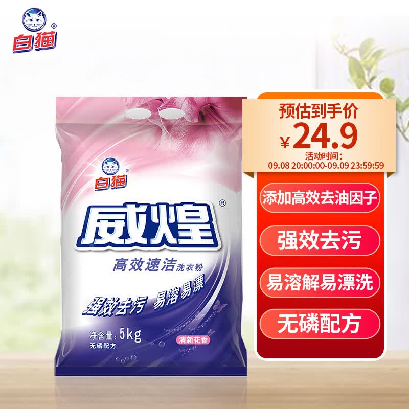 白猫 威煌高效速洁洗衣粉5kg 含高效去油因子强效去污易溶易漂属于什么档次？