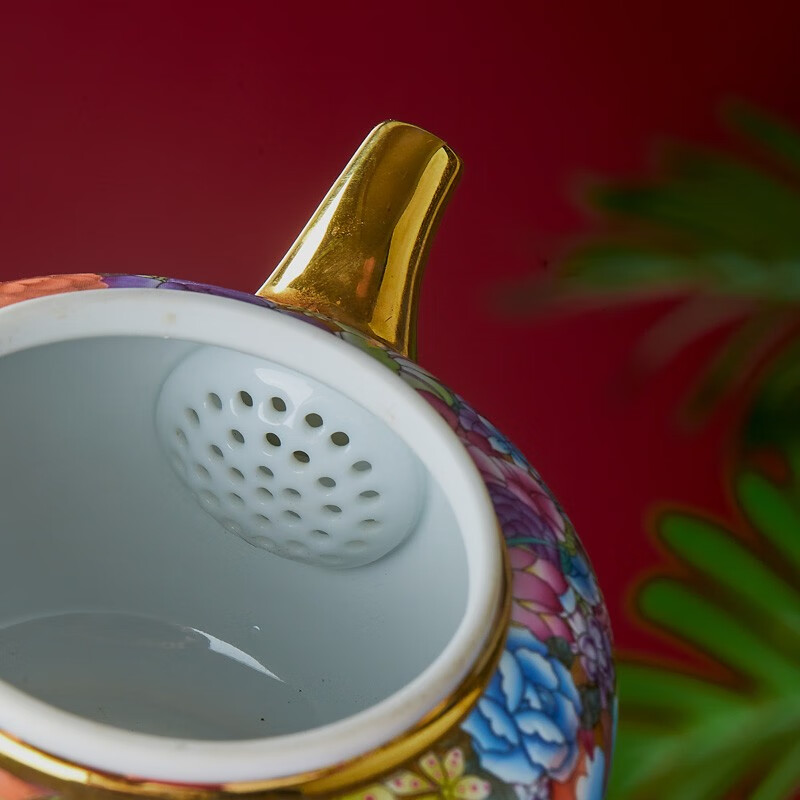 墨驰景德镇粉彩金底万花带手柄泡茶壶托盘描金珐琅彩陶瓷壶承茶具 寿桃【大号茶水壶】