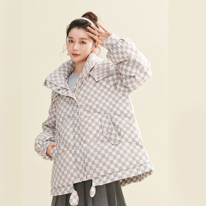 雪中飞羽绒服女款短款韩版时尚秋冬品牌清仓棋盘格宽松保暖百搭公主风 绿色 S/155(85-110斤)