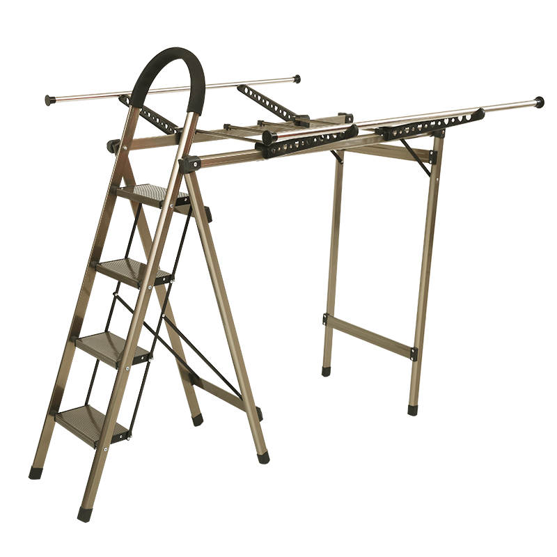 创硕 折叠多功能晾衣架铝合金梯子落地阳台晒被两用梯室内家用晾衣架人字梯 豪华款四步直角梯晾衣架【香槟】