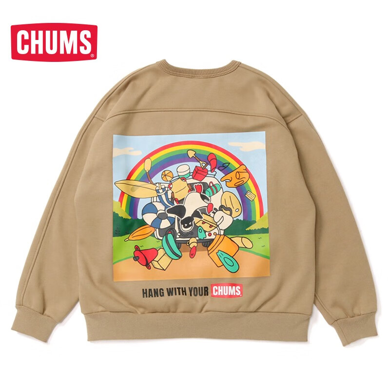 CHUMS洽洽鸟 美式复古情侣款圆领印花宽松加绒保暖卫衣CH00-1355 白色W001 XS