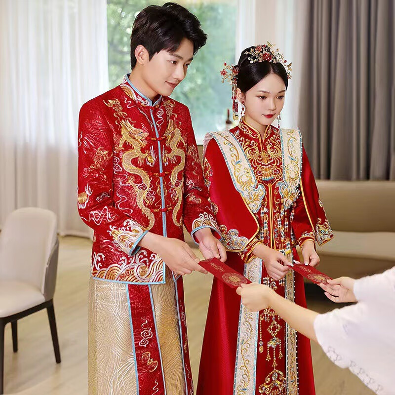 戴丽格高端秀禾服新款夏季新娘结婚礼服中式嫁衣龙凤褂男女套装 锦绣