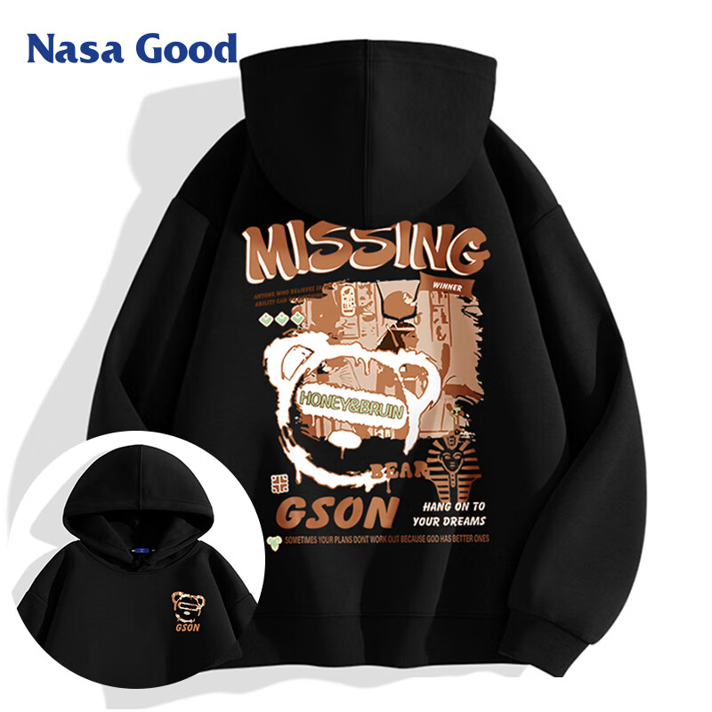 NASA GOOD官方潮牌卫衣男秋季卡通印花圆领百搭舒适休闲青年长袖上衣 黑M