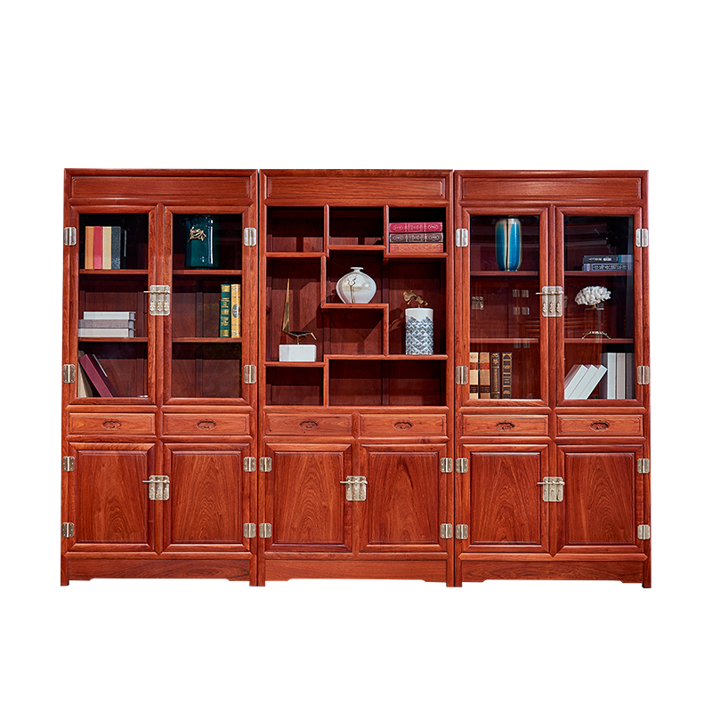 广典 红木家具缅甸花梨(学名:大果紫檀)实木书架书柜 书橱博古架展示架陈列柜 明式书柜 多组合书柜 三组合书柜