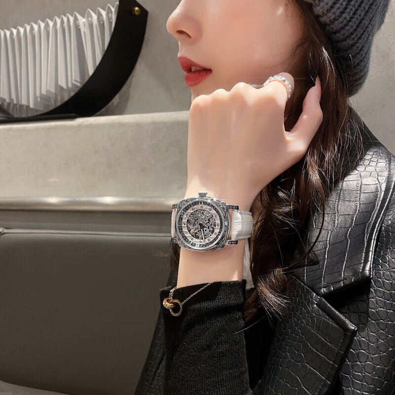 潮女必备时尚酷男女式陀飞轮全自动机械腕表男镂空运动防水送礼物 银白红带