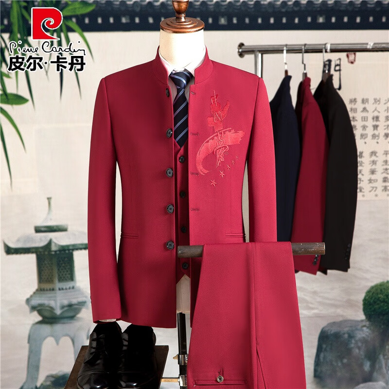 皮尔卡丹（pierre cardin）西服套装男式中国风龙刺绣西装主持礼服青年潮中山立领男装修身 TZ09灰白色三件套 M