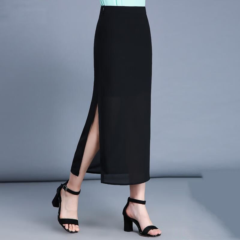 俞卫女夏季黑色半身长裙开叉雪纺2024夏季裙高腰侧包臀裙中长款一步裙