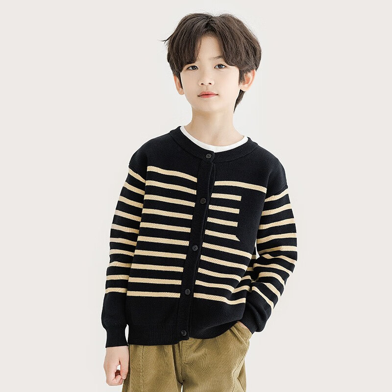 纯一良品（CUNYI）童装儿童针织开衫男童毛衣秋季新款中大童百搭撞色条纹外套 黑色条纹 140 cm