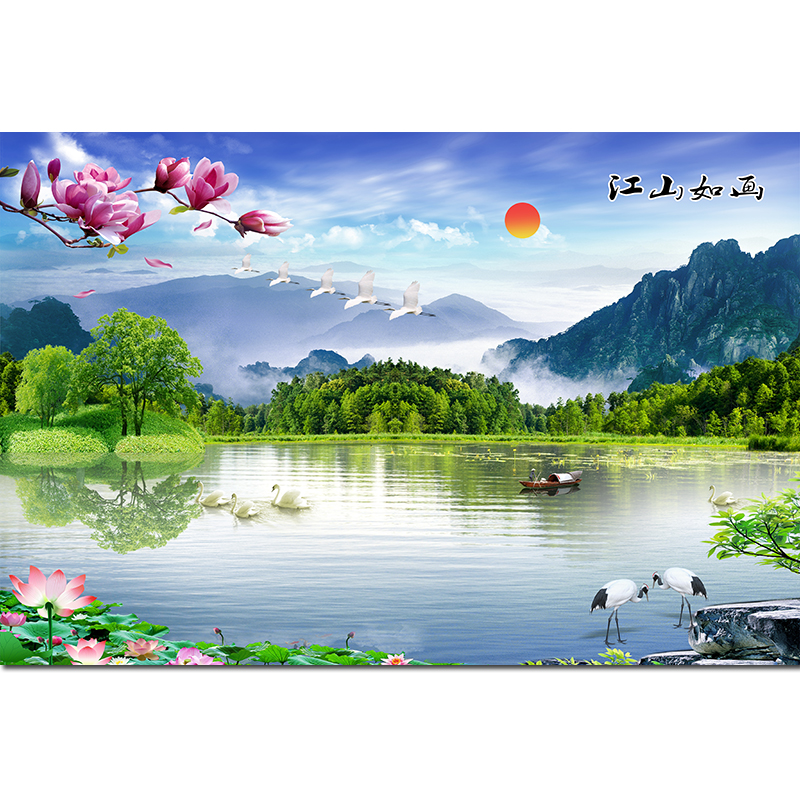 山水风景画江山如画家和唯美自然景色客厅餐厅装饰自粘画 q107 横版图