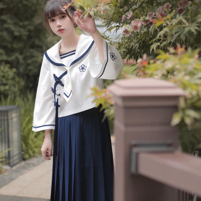 弧倩jk制服学院风微胖女生人间四月国风jk汉服仙气古风百褶裙演出服