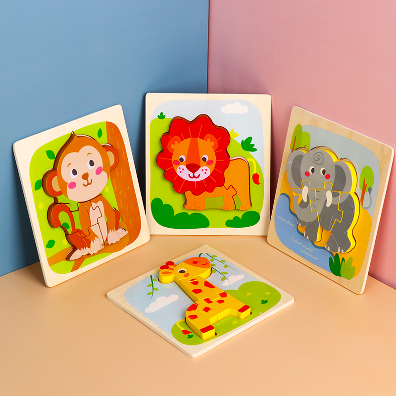 三格田（SANGTY）儿童立体拼图玩具积木制大块手抓板拼板男孩女孩宝宝嵌板动物形状 动物（猴子+狮子+小鹿+大象）