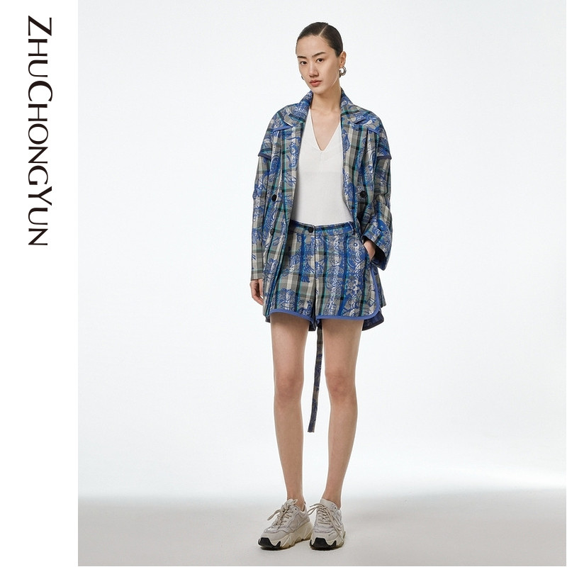 zhuchongyun春款通勤原创设计女装短裤格纹皮影戏 花色 s