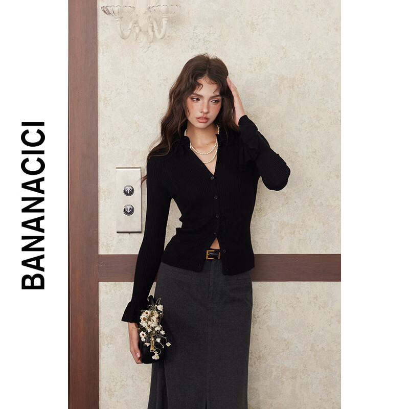 banana cici2024年冬季新款温柔百搭荷叶领针织开衫女修身打底衫C244MY184 黑色 L