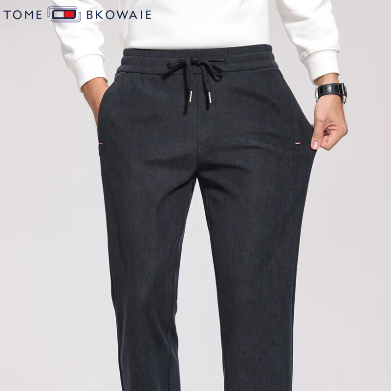 汤米芙兰可加绒休闲裤男冬季新款灯芯绒直筒弹力商务休闲裤大码男士长裤 深灰-常规不加绒 XL （建议130-150斤）