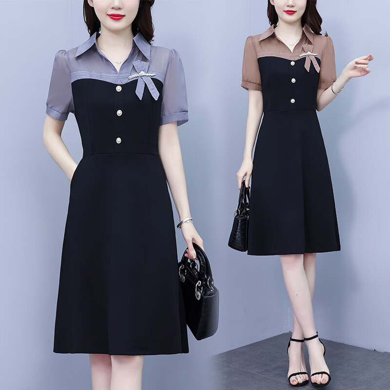 薇洛萱衬衫连衣裙女装2024夏装新款拼接时尚气质显瘦减龄夏天裙子2909