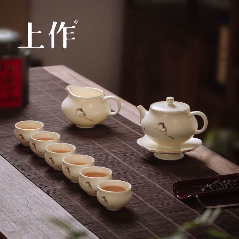 上作 陶瓷茶杯茶具 春江图 茶具套装茶杯茶壶家用喝水喝茶办公用瓷杯功夫茶具套装