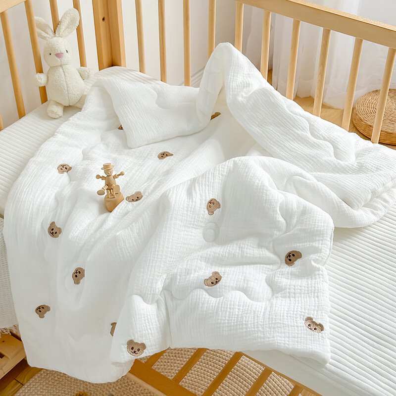 贝启初新生儿被子宝宝盖被幼儿园被子四季通用纯棉被 双面白底绉棉-刺绣小熊 120*150cm薄款