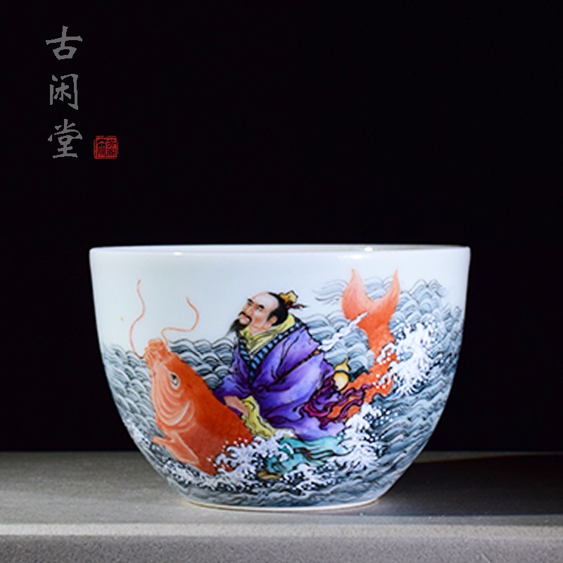 乙御前 古闲堂 釉上五彩琴高跨鲤主人杯 手绘粉彩茶杯景德镇茶道茶具