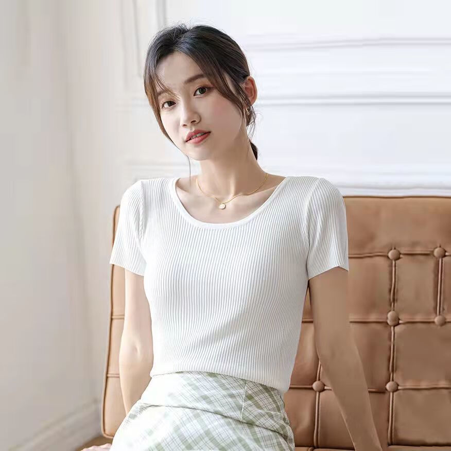 boku rooster女生显身材紧身夏天薄款针织短袖t恤衫修身衫夏季圆领女