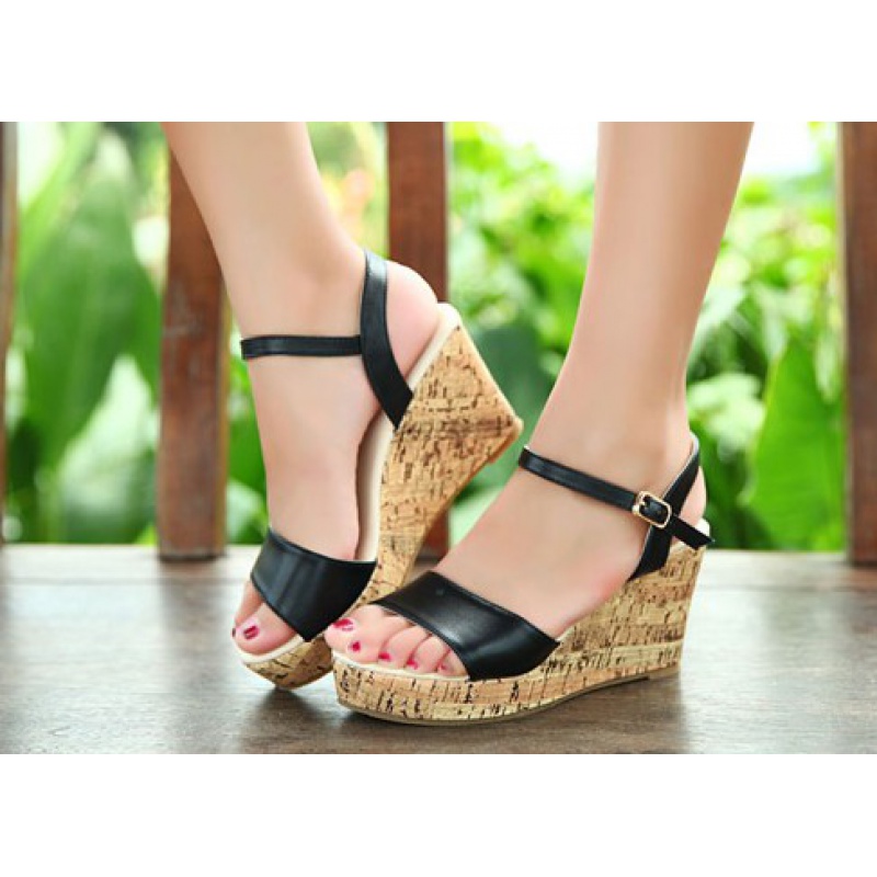 坡跟女凉鞋小码小个子增高鞋夏季鞋鱼嘴大码鞋33码 黑色木纹 鞋子偏小