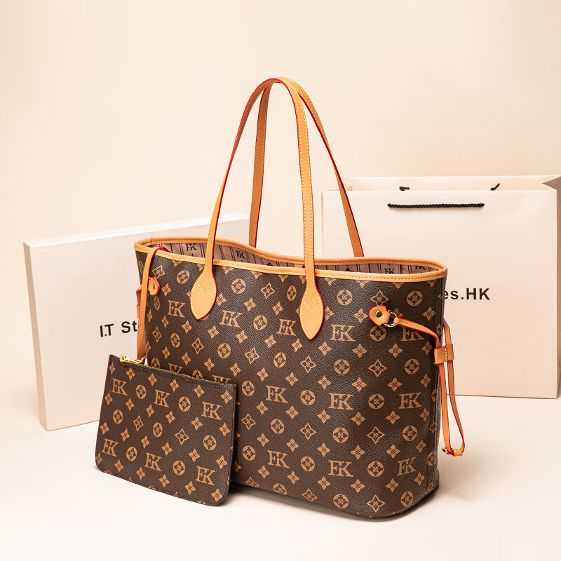 酷奇袋鼠包包女包大容量托特包包女式2024新款老花女包中古风夏季单肩大包 咖啡色