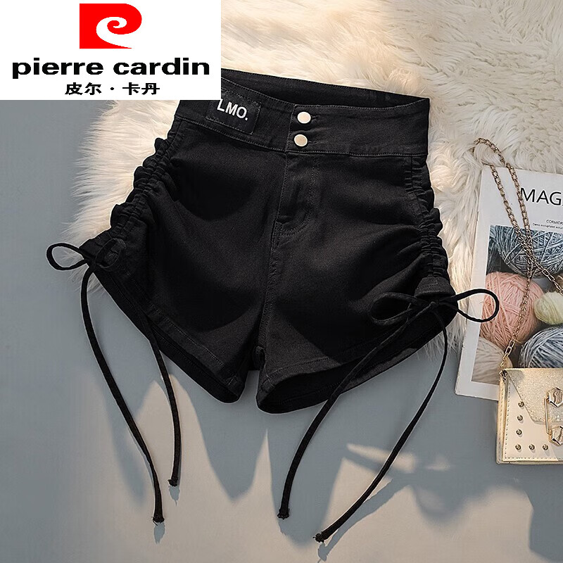 皮尔卡丹（pierre cardin）绑带抽绳牛仔短裤女夏季外穿新款高腰显瘦紧身弹力辣妹超短热裤女 黑色 L【建议110-120斤】