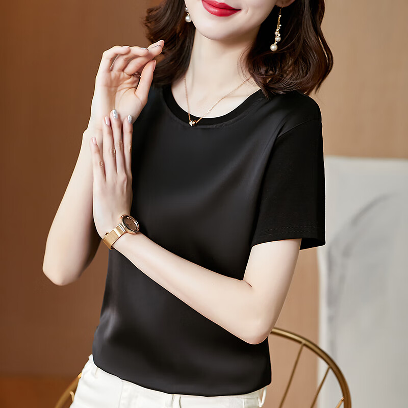 wvhk23年新款年女t恤真丝桑蚕丝气质上衣夏季百搭圆领短袖上衣打底衫