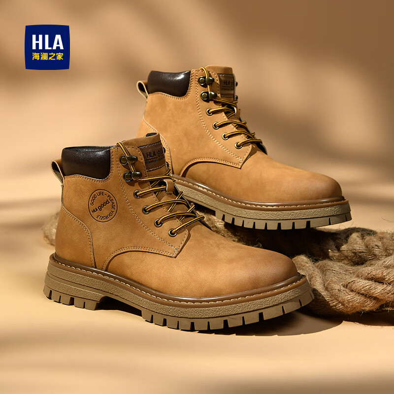 海澜之家马丁靴男潮流男鞋户外情侣款百搭防寒登山高帮工装大黄靴子男T121 土黄色-男款 39