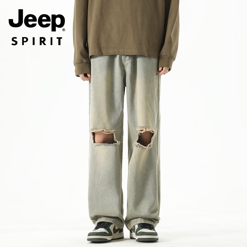 JEEP SPIRIT美式重工破洞牛仔裤男女高街潮牌水洗做旧宽松直筒牛仔裤 黄泥色 S