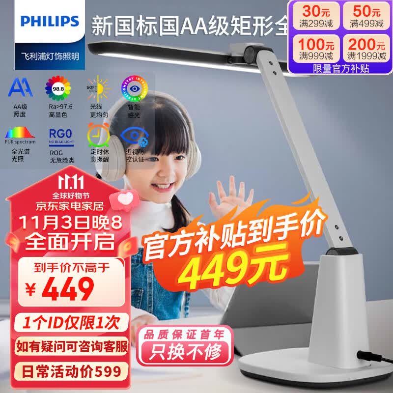 飞利浦（PHILIPS）护眼灯台灯智能全光谱国AA级学生儿童学习专用卧室台灯无蓝光A1属于什么档次？