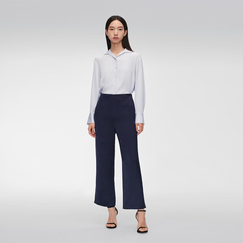 OVV2024春夏新款女装三醋酸翻领设计白蝶贝纽扣长袖衬衫 浅蓝（净色）06 L