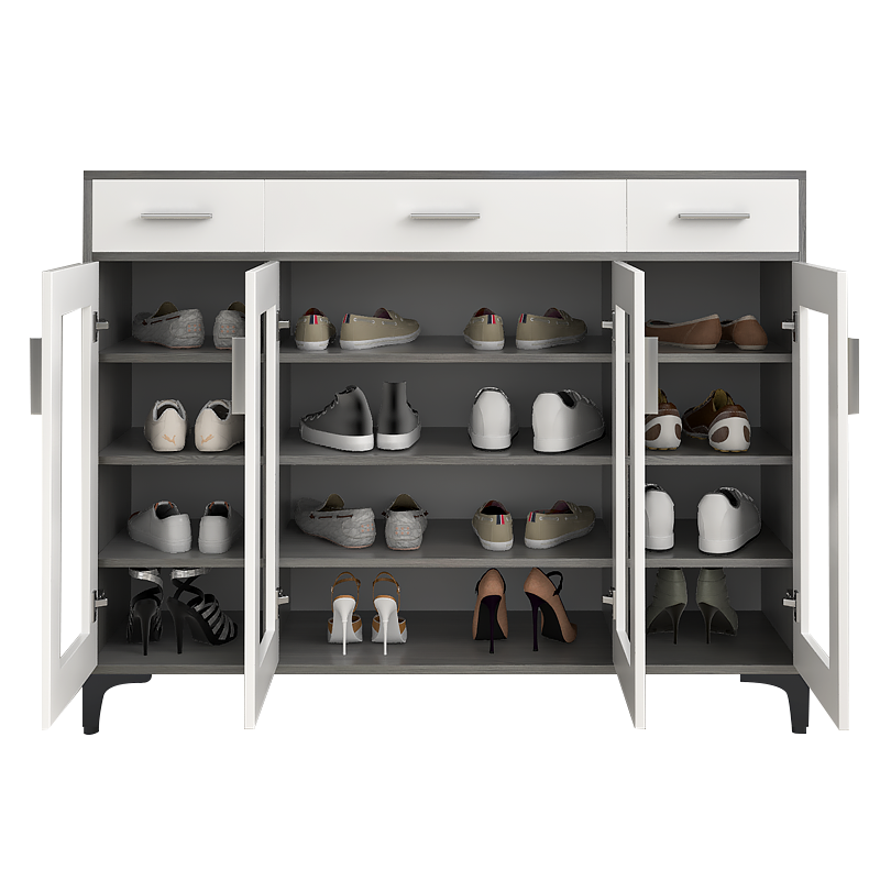 普派鞋柜简易家用现代简约可视透明收纳储物鞋柜轻奢门口大容量收纳储物鞋柜架子 莫兰迪灰色+白两门60cm