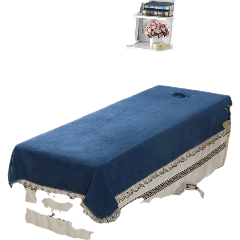 棉麻美容床单     简约纯色蕾丝按摩洗头床单带洞 美容院专用黄玲 深蓝色 细棉麻蕾丝 90*200厘米(不带洞)