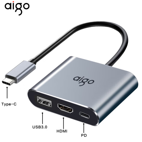 爱国者Type-C转网口RJ45千兆有线网卡HUB笔记本扩展坞 USB-C分线器HUB扩展坞R03C(金属) KC03  TYPE-C转HDMI三合一扩展坞