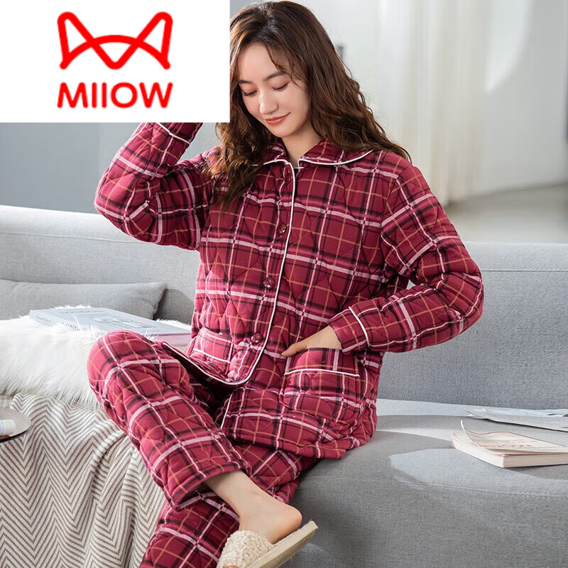 猫人（MiiOW）纯棉夹棉睡衣女冬季加厚三层保暖棉袄秋冬款大码中年家居服舒适 YD-1851 XL