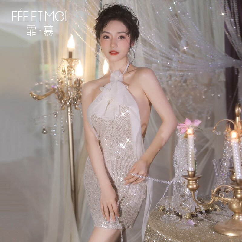 飘逸花边亮片绑带礼服裙情人节礼物送老婆性感露背连衣裙女情趣内衣