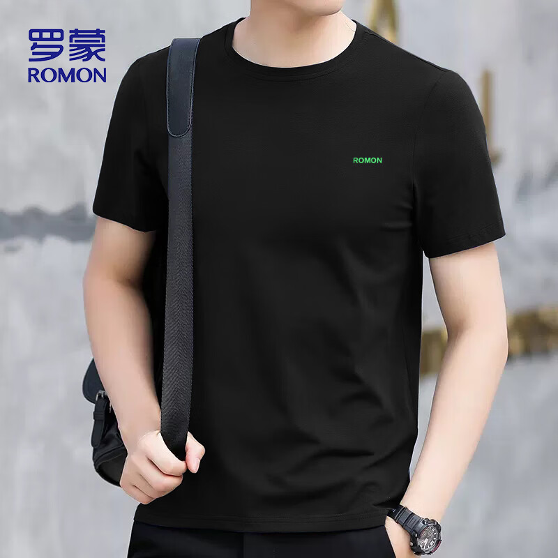 罗蒙（ROMON）三防短袖T恤男士夏季纯棉冰丝打底衫商务宽松圆领上衣666黑色XL