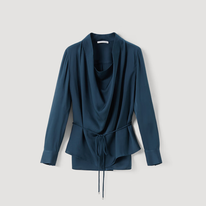 OVV【重磅真丝】OVV2022秋冬新款女装22姆米双乔荡领收腰长袖衬衫 深蓝B1 XS