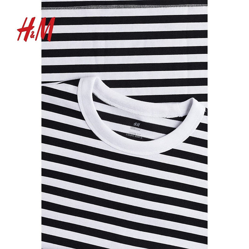 H&M男装T恤2024夏季新款休闲柔软汗布圆领短袖上衣0948441 黑色/白色 175/108A L