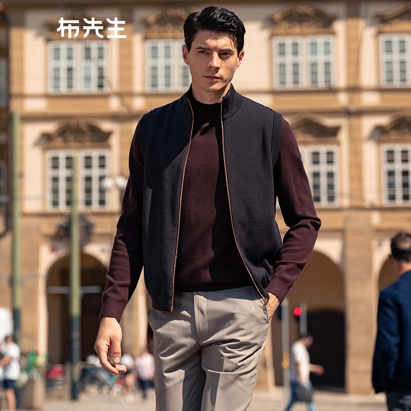 布先生无袖羊毛衫男背心春秋新款拉链立领外穿马甲纯色男士上衣 BT11583 雪茄咖 XL (180)
