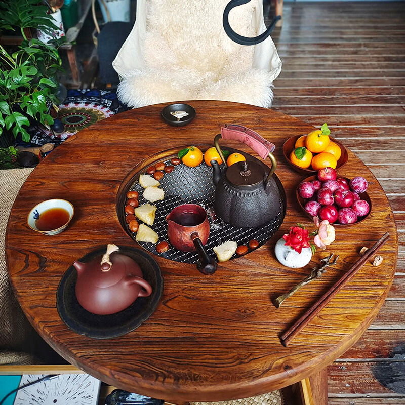 山頭林村老榆木桌實(shí)木茶桌復(fù)古原木餐桌老榆木炭爐煮茶桌復(fù)古圍爐烤火煮茶 定制聯(lián)系客服 整裝