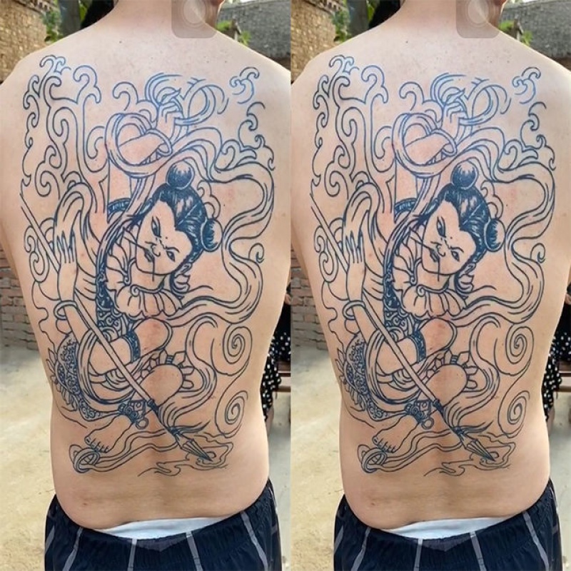 秋江月哪吒闹海满背线条花臂花腿防水纹身贴男女款割线哪吒抽龙筋刺
