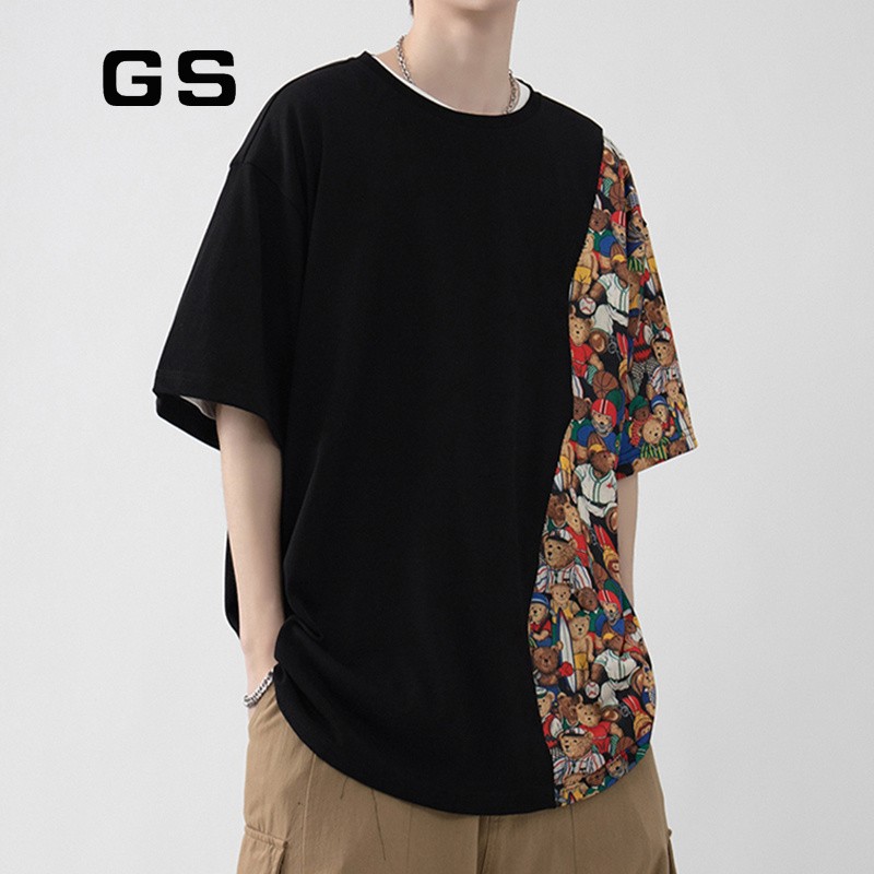 GS短袖T恤男士夏季新款冰丝白色潮牌半袖打底衫拼接男装上衣服 黑色 M