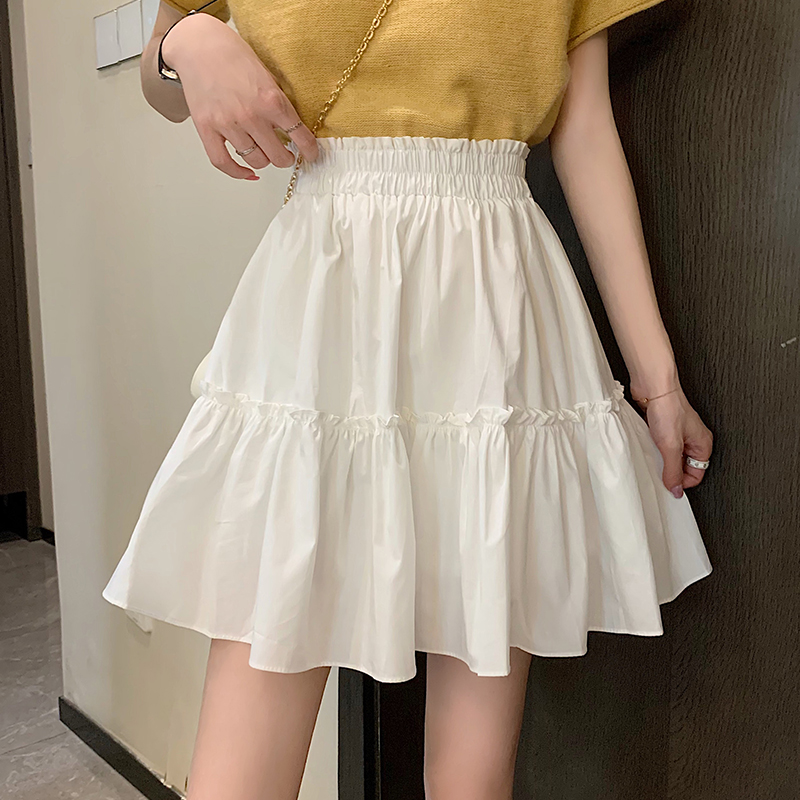 女生夏季裙子下身白色半身裙松紧腰木耳边很仙的遮胯气质a字短女 白色