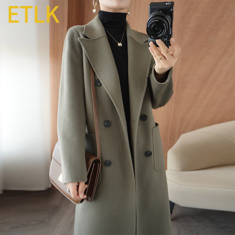 ETLK高端女装秋冬季新款双面羊毛大衣宽松长款赫本风双排扣羊毛呢外套 灰驼色 S （120斤以内）