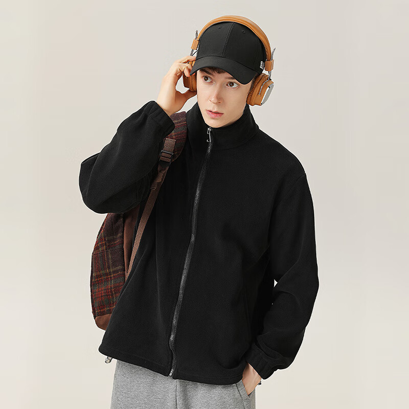 黑鲸海澜之家旗下潮牌夹克男秋冬新款加厚摇粒绒立领开衫男士保暖外套