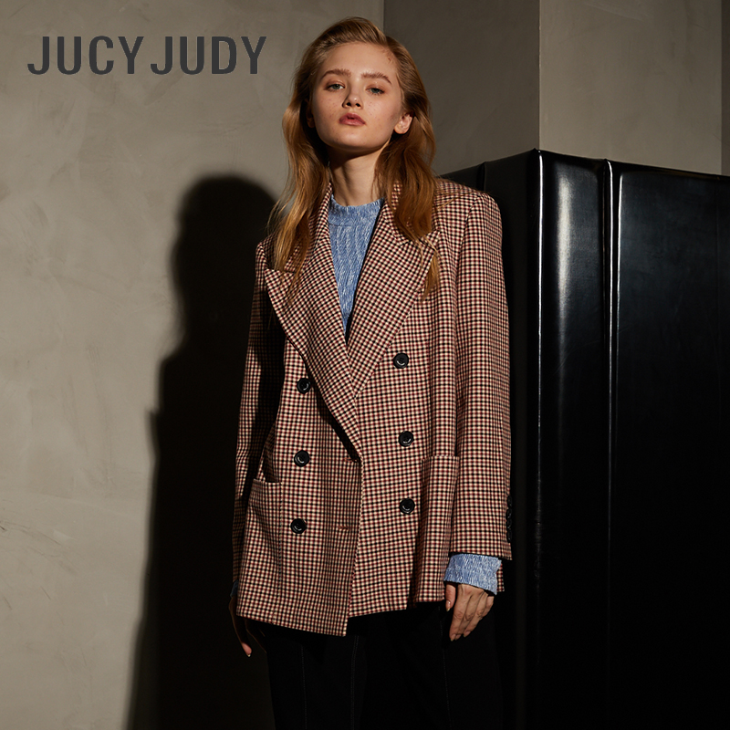 Jucy Judy2020年秋冬季新款复古威尔士格纹休闲西装外套女小香风 红色 S